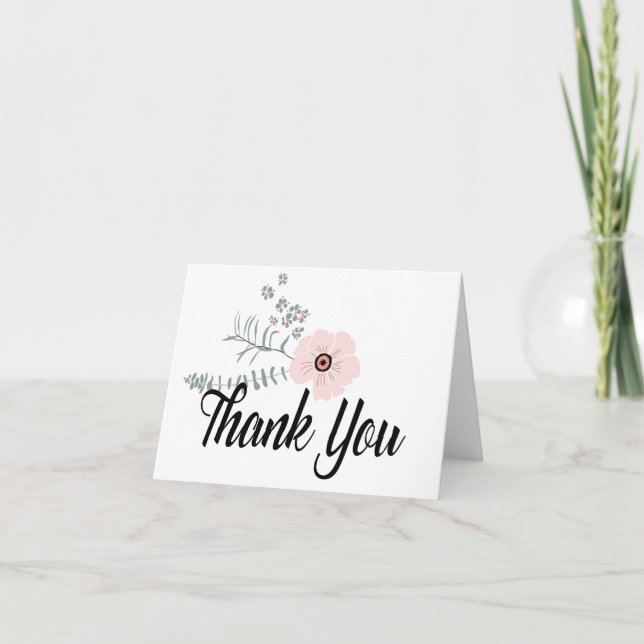 Whimsical Floral Gray Pink Flower Motif Thank You Card (Front)