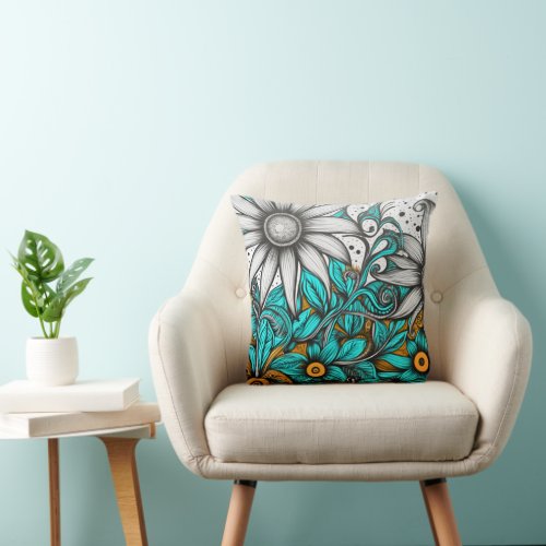 Whimsical Floral Gray Turquoise Burnt Orange Throw Pillow