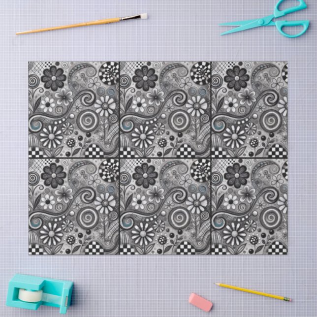 Whimsical Floral Grayscale Black White Decoupage Tissue Paper (Craft)