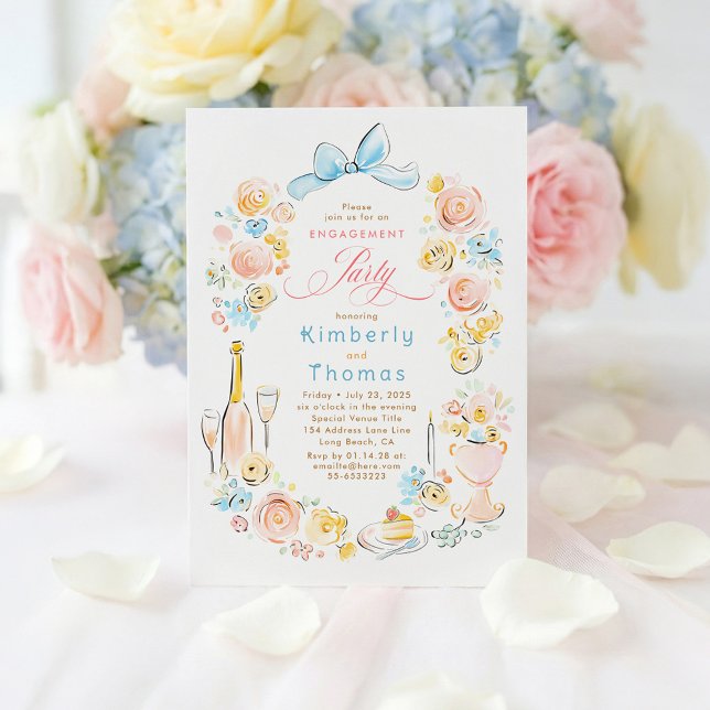 Whimsical Floral Hand Drawn Bow Engagement Party Invitation (Pastel Floral Whimsical Engagement Party Invitations)