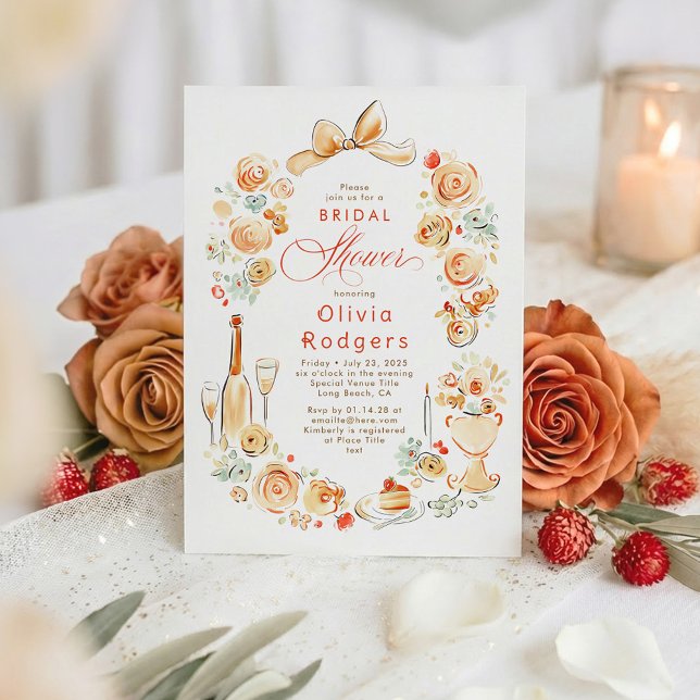 Whimsical Floral Hand Drawn Bow Fall Bridal Shower Invitation (Terracotta Hand-illustrated Whimsical Chic Bridal Shower Invitation)