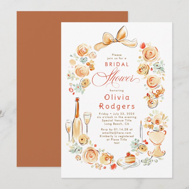 Whimsical Floral Hand Drawn Bow Fall Bridal Shower Invitation (Front/Back)