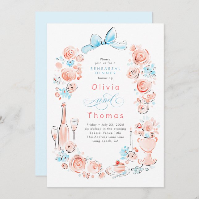 Whimsical Floral Hand Drawn Bow Rehearsal Dinner Invitation (Front/Back)