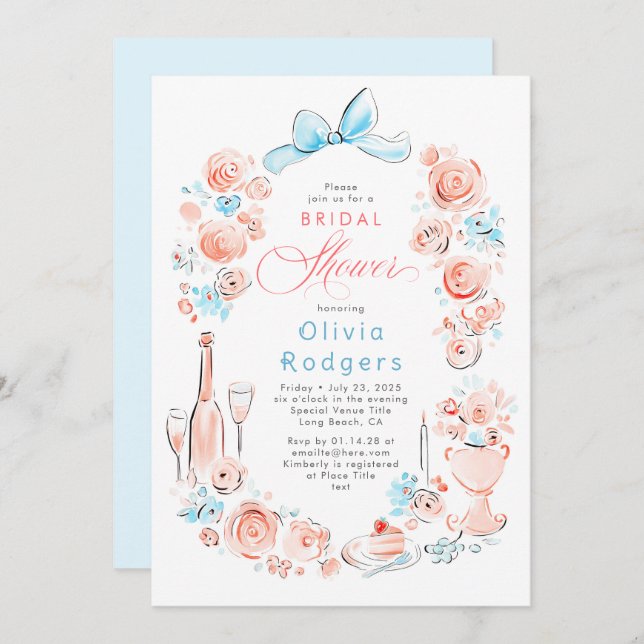 Whimsical Floral Hand Drawn Chic Bow Bridal Shower Invitation (Front/Back)