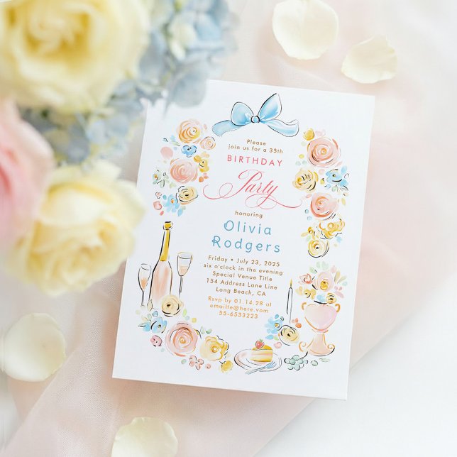 Whimsical Floral Hand Drawn Coquette Bow Birthday Invitation (Whimsical Bow and Pastel Flowers Birthday Invitation)