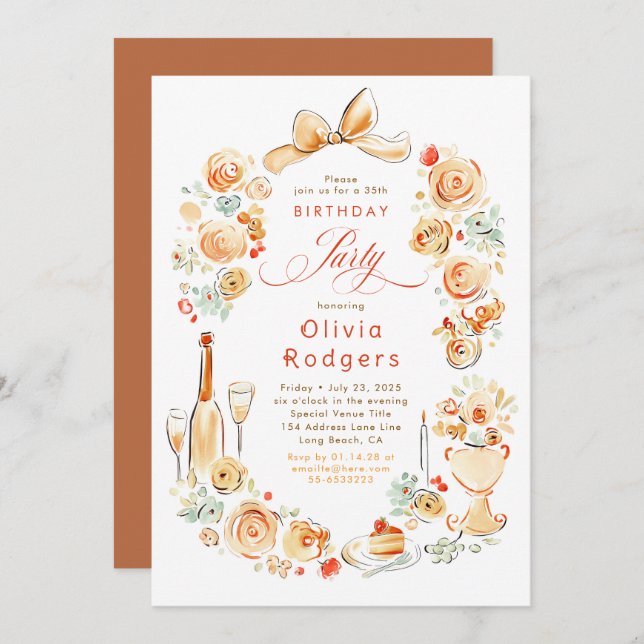 Whimsical Floral Hand Drawn Coquette Fall Birthday Invitation (Front/Back)