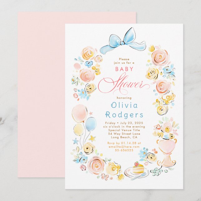 Whimsical Floral Hand Drawn Cute Bow Baby Shower Invitation (Front/Back)