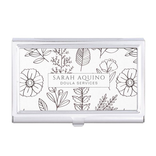 Whimsical Floral Hand Drawn Doula Midwife Business Card Case (Front)