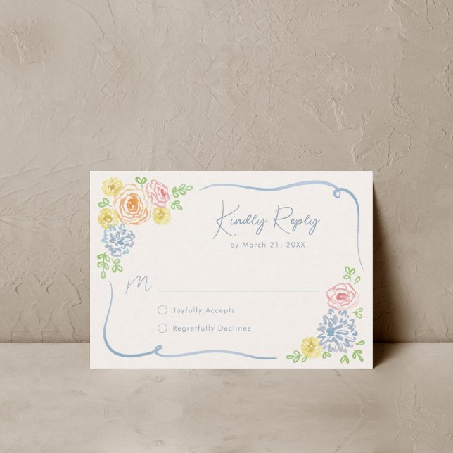 Whimsical Floral Hand Drawn Pastel Wedding RSVP Card (Creator Uploaded)