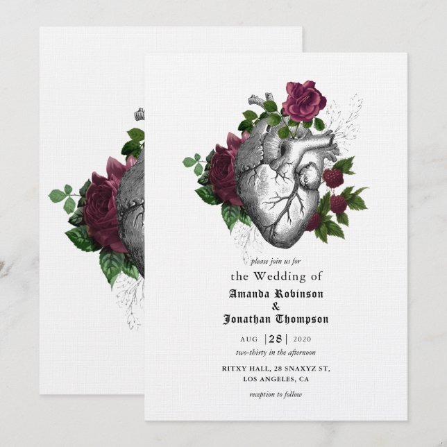 Whimsical Floral Heart Halloween Gothic Wedding Invitation (Front/Back)