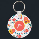 Whimsical Floral in Yellow and Coral Monogram Keychain<br><div class="desc">Whimsical,  modern and fun! This personalized key chain featuring a gorgeous floral print with flowers and leaves in pink,  coral,  orange,  blue and green screams spring joy. Wonderful for mothers,  gardeners,  brides,  teens and more. Part of a collection from Parcel Studios.</div>