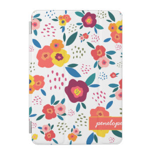 Whimsical Floral in Yellow and Coral Script Name iPad Mini Cover
