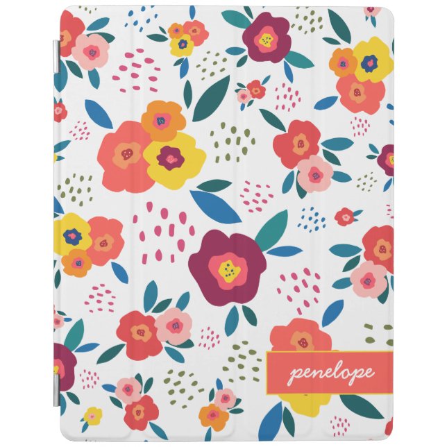 Whimsical Floral in Yellow and Coral Script Name iPad Smart Cover (Front)