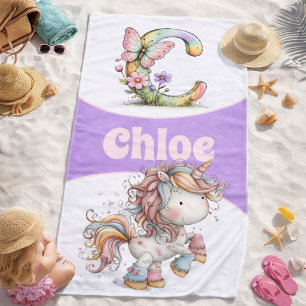 Whimsical Floral Initial With Unicorn For Kids Beach Towel