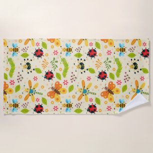 Whimsical Floral Insect Nature Pattern 🌼 Beach Towel