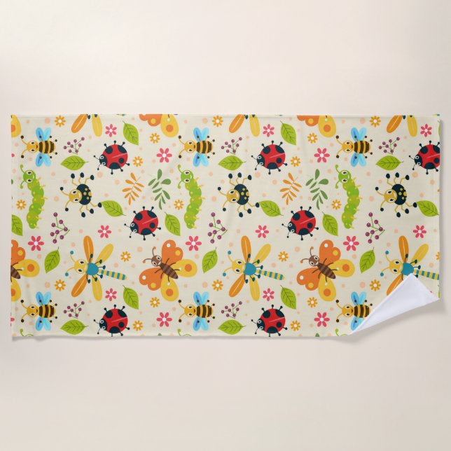 Whimsical Floral Insect Nature Pattern 🌼 Beach Towel (Front)