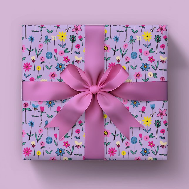 Whimsical Floral Kids pattern Wrapping Paper Sheets (Lilac wildflower floral wrapping paper sheets ideal for girls birthday)
