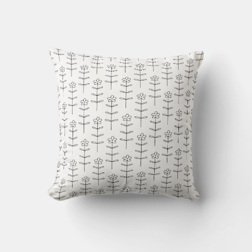 Whimsical Floral Line Art in Black and White Throw Pillow