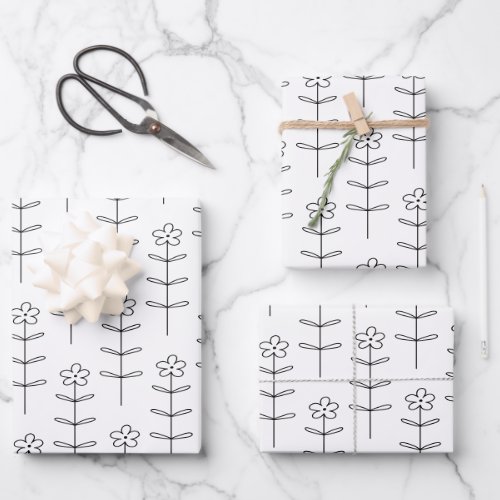 Whimsical Floral Line Art Sketch Black and White  Wrapping Paper Sheets