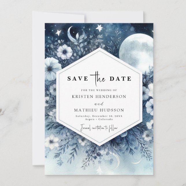 Whimsical Floral Moonlit Wedding Save The Date (Front)