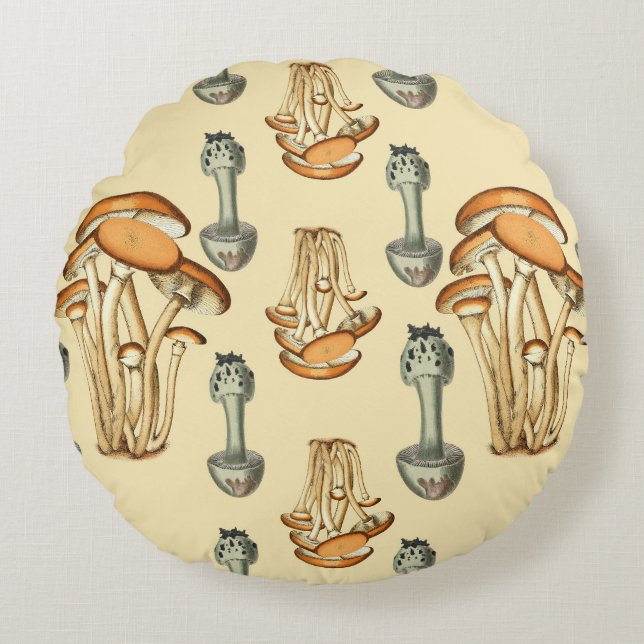 Whimsical Floral Mushroom Pattern Round Pillow (Front)