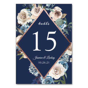 Whimsical Floral Navy Blue Rose Gold Wedding Table Number