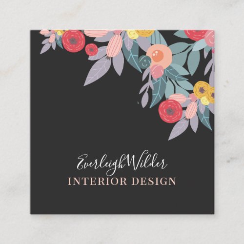 Whimsical Floral On Black  Square Business Card