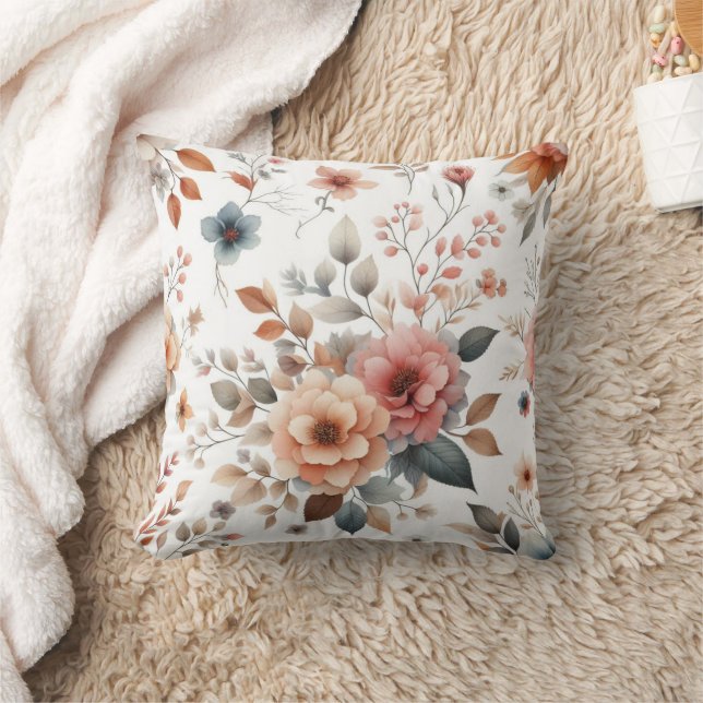 Whimsical Floral on White  Throw Pillow (Blanket)