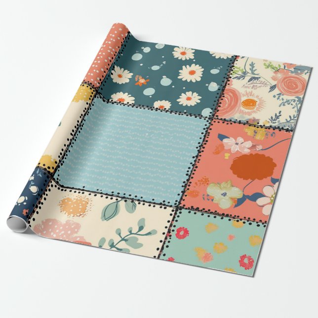Whimsical Floral Patchwork Pattern Wrapping Paper (Unrolled)