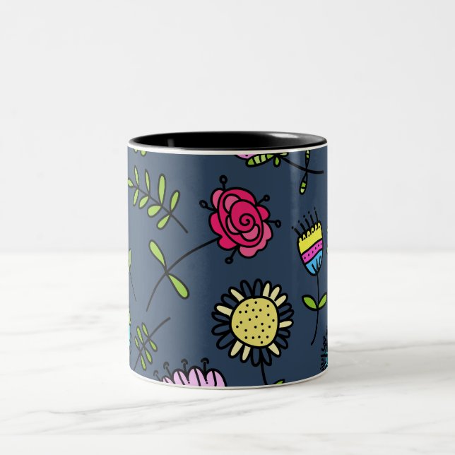 Whimsical Floral Pattern Art Design Two-Tone Coffee Mug (Center)