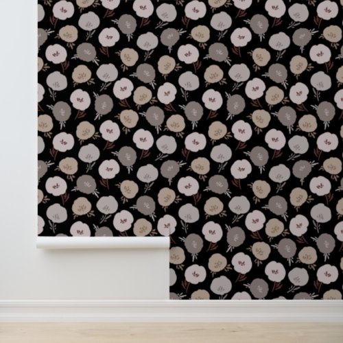 Whimsical Floral Pattern Black Wallpaper