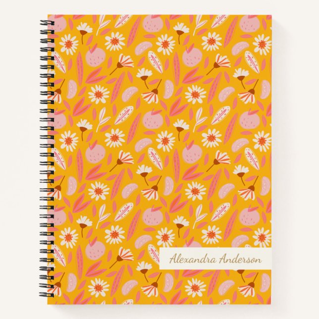 Whimsical Floral Pattern in Mustard and Pink Name Notebook (Front)