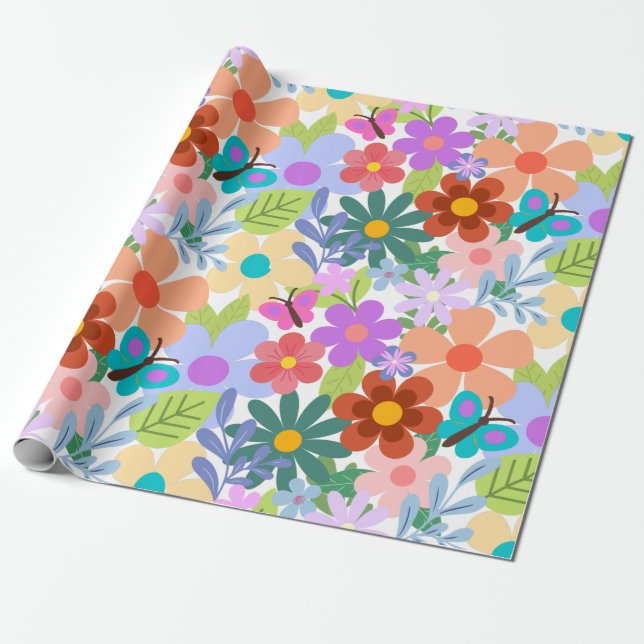 Whimsical Floral Pattern Wrapping Paper (Unrolled)