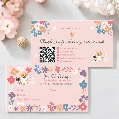 Whimsical floral pet sitter dog walker business appointment card