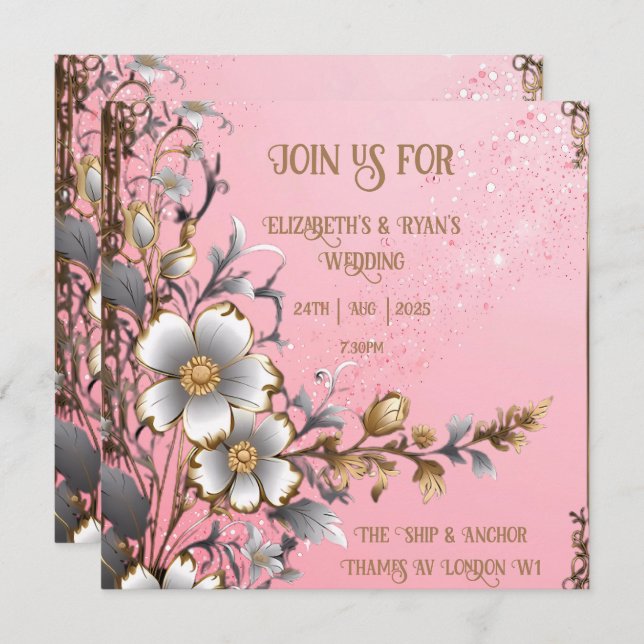 Whimsical Floral Pink Romance Wedding Invitation (Front/Back)