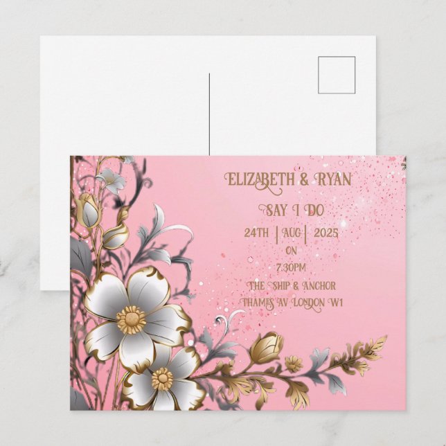 Whimsical Floral Pink Romance Wedding Invitation (Front/Back)