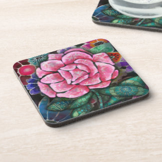 Whimsical Floral Pink Rose Art Nouveau Botanical Beverage Coaster