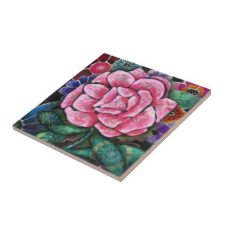 Whimsical Floral Pink Rose Art Nouveau Botanical Ceramic Tile