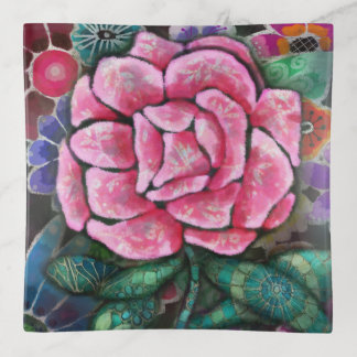 Whimsical Floral Pink Rose Art Nouveau Botanical Trinket Tray