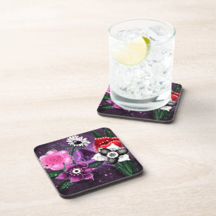 Whimsical Floral Purple Black Pink Daisy Daffodil  Beverage Coaster