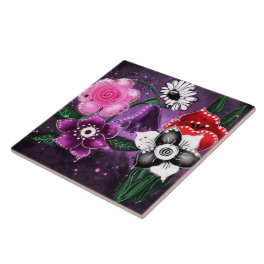 Whimsical Floral Purple Black Pink Daisy Daffodil Ceramic Tile