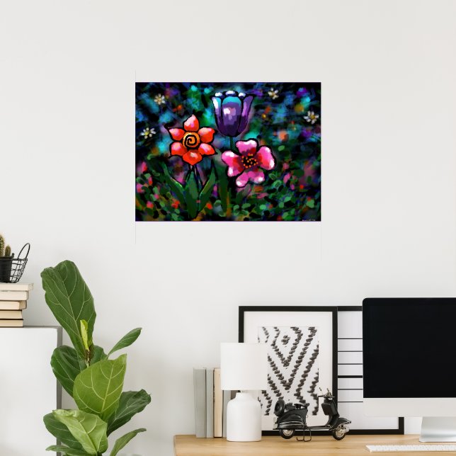 Whimsical Floral Purple Blue Pink Flower Flowers Poster (Home Office)