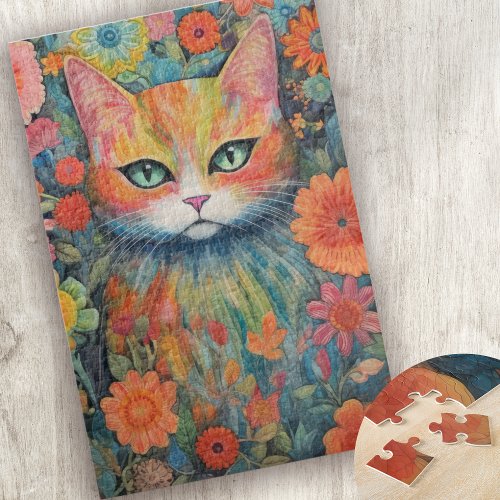 Whimsical Floral Quilted Cat Jigsaw Puzzle