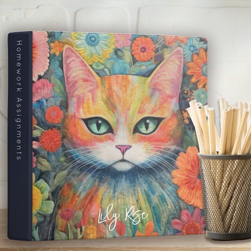 Whimsical Floral Quilted Cat Monogram 3 Ring Binder