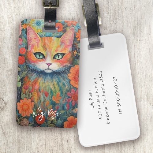 Whimsical Floral Quilted Cat Monogram Luggage Tag