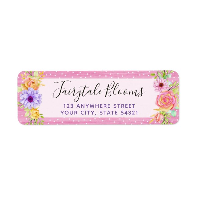 Whimsical Floral Roses & Pink Wood Return Address Label (Front)