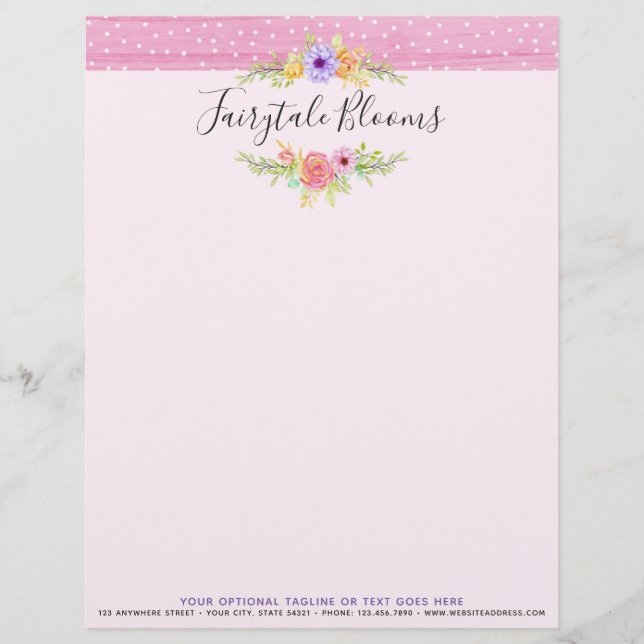 Whimsical Floral Roses & Rustic Pink Wood Girly Letterhead (Front)