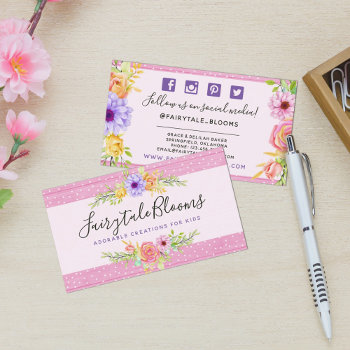Whimsical Floral Roses & Rustic Wood Social Media Business Card by CyanSkyDesign at Zazzle