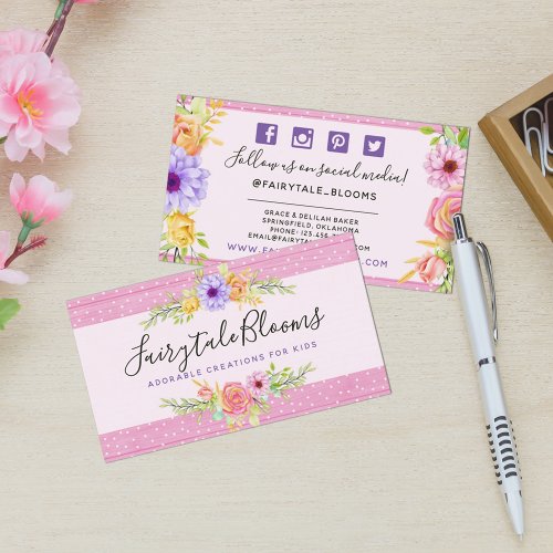 Whimsical Floral Roses  Rustic Wood Social Media Business Card