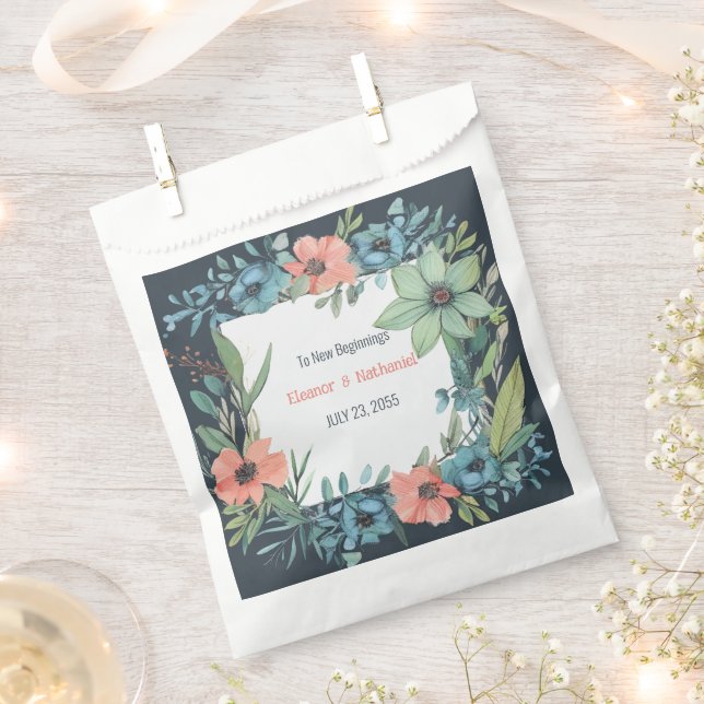 Whimsical Floral Salmon Blue Green Wedding Favor Bag (Clipped)